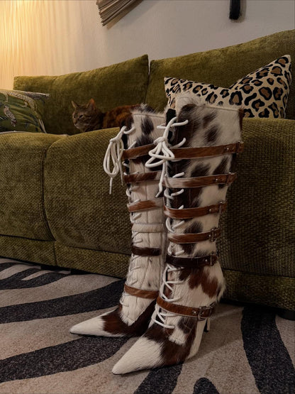 Cow Print Horsehair Knee-High Boots