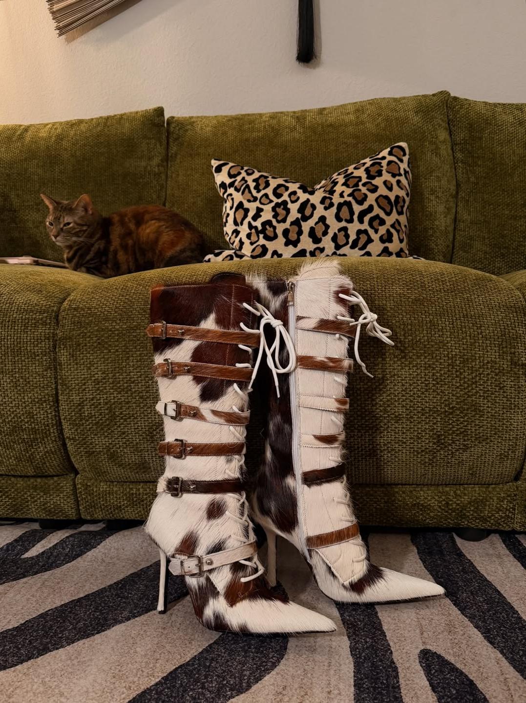 Cow Print Horsehair Knee-High Boots