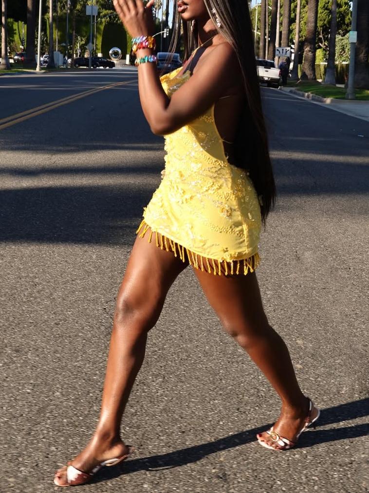 Vibrant Yellow Embellished Mini Gown