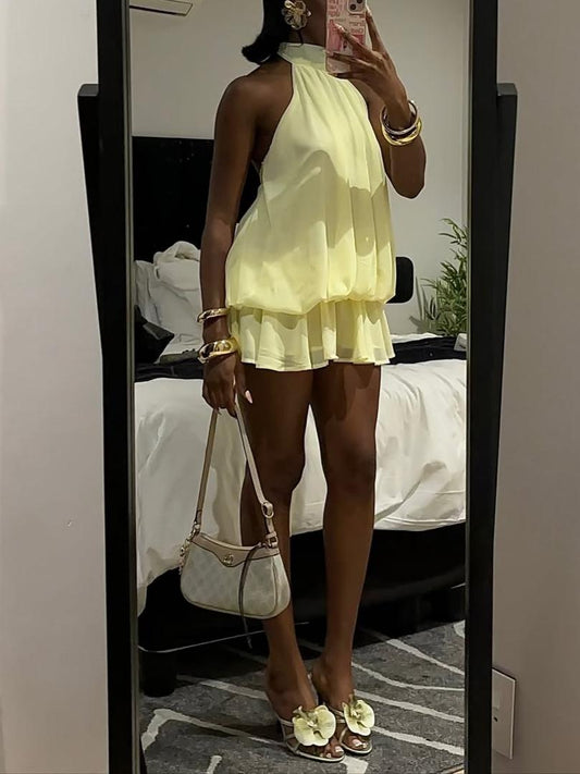Pastel Yellow Halter Neck Backless Ruffle Mini Dress