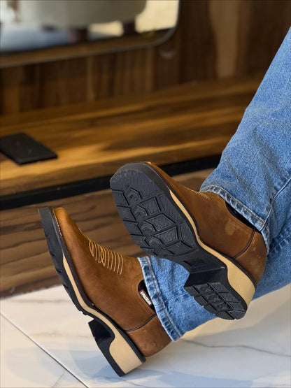 Men's Brown Embroidered Star Detail Cowboy Boots