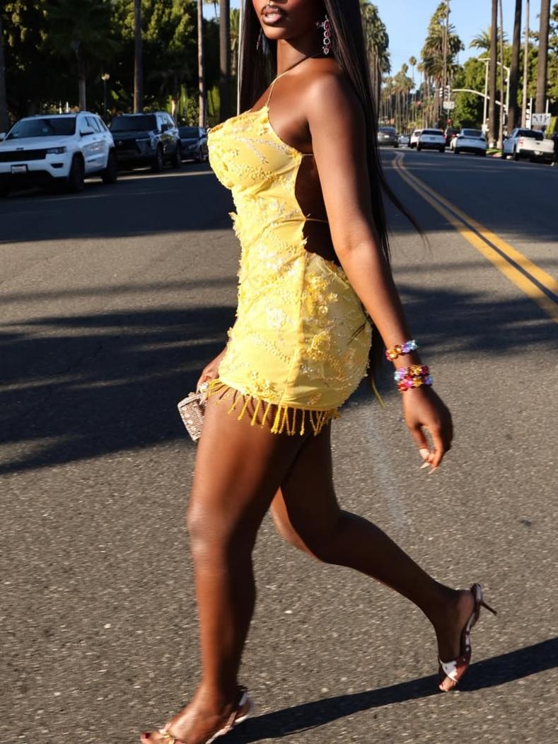 Vibrant Yellow Embellished Mini Gown