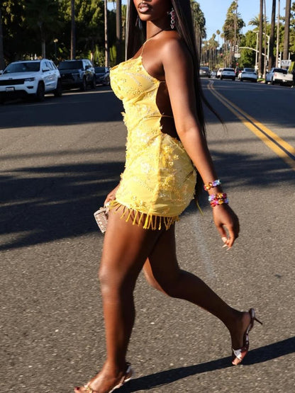Vibrant Yellow Embellished Mini Gown