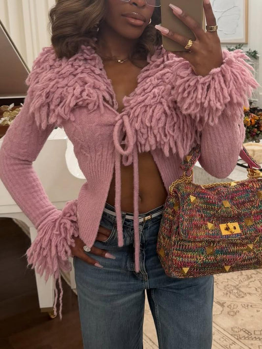 Bubblegum Pink Chunky Fuzzy Collar Knit Cardigan