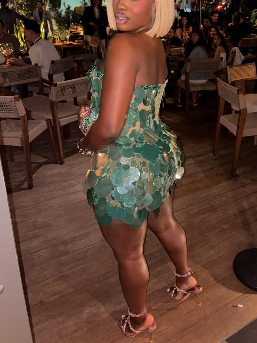 Teal Sequin Disc Strapless Mini Dress
