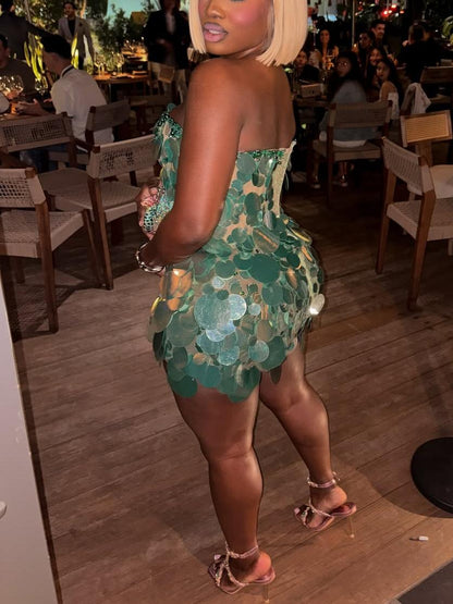 Teal Sequin Disc Strapless Mini Dress