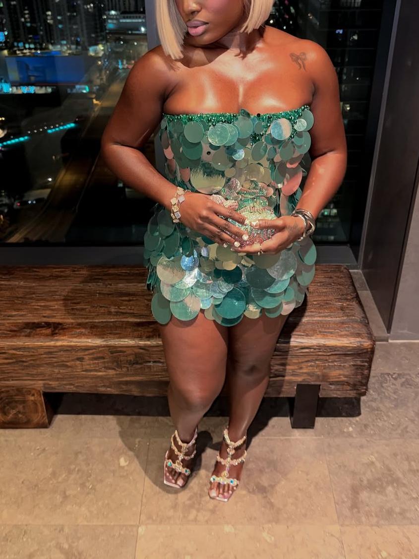 Teal Sequin Disc Strapless Mini Dress