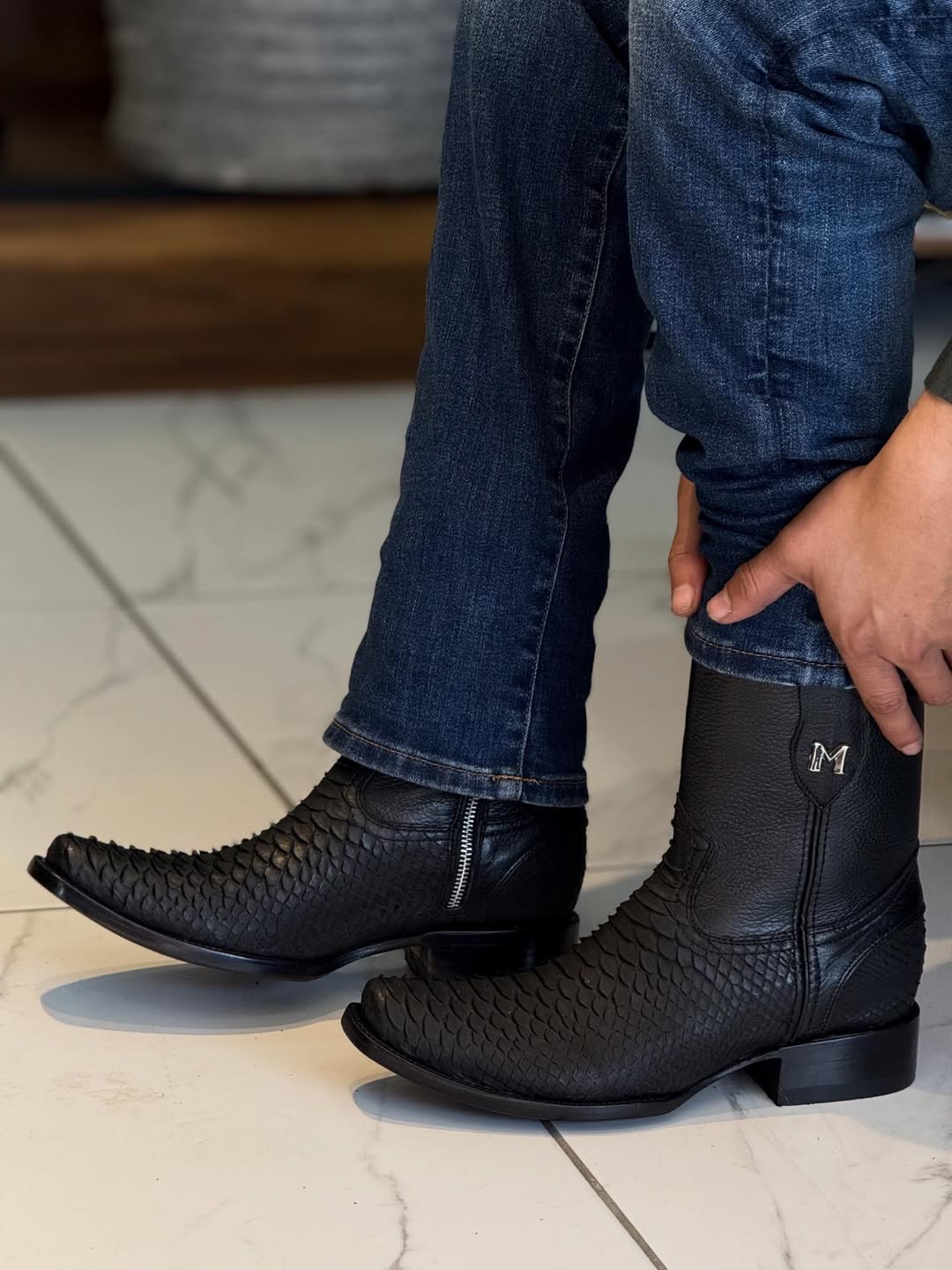 Men's Black Matte Python Zipper Ankle Boots