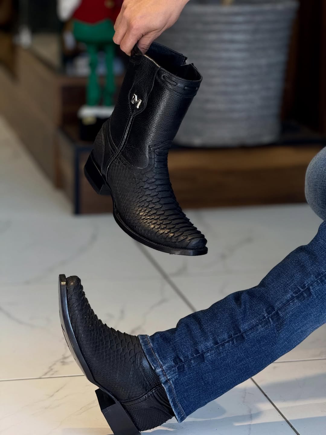 Men's Black Matte Python Zipper Ankle Boots