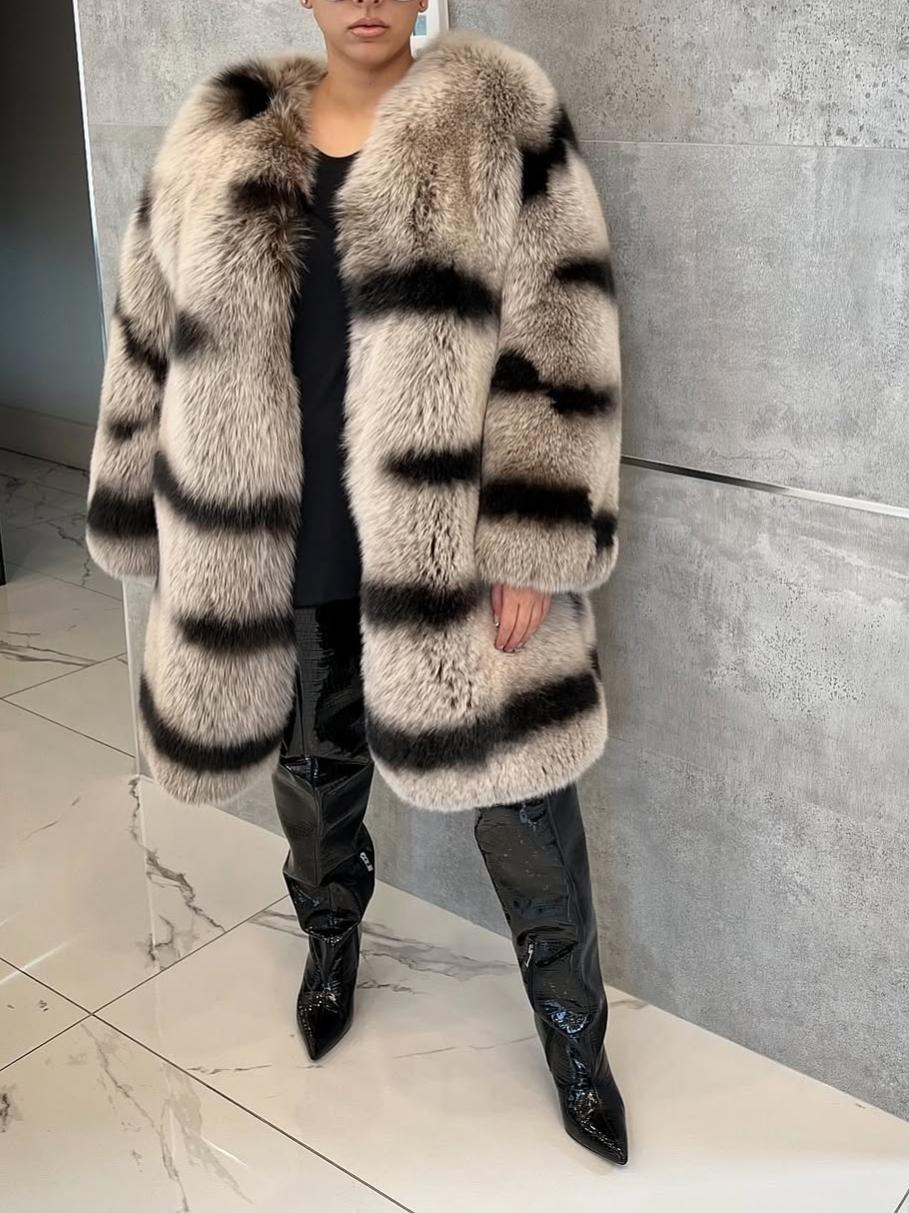 Bold Black & Beige Pattern Mid-Length Fox Fur Coat