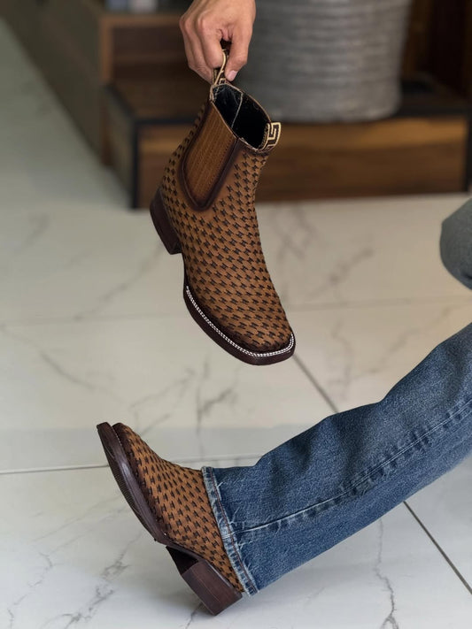 Men's Coffee Two-Tone Woven Leather Chelsea Boots