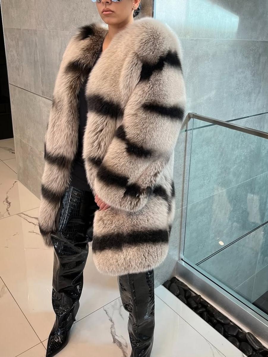 Bold Black & Beige Pattern Mid-Length Fox Fur Coat