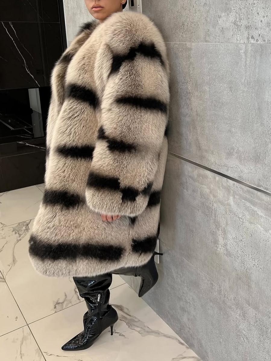Bold Black & Beige Pattern Mid-Length Fox Fur Coat
