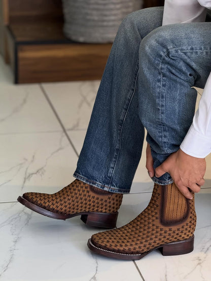 Men's Coffee Two-Tone Woven Leather Chelsea Boots