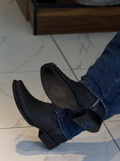 Men's Black Matte Python Zipper Ankle Boots