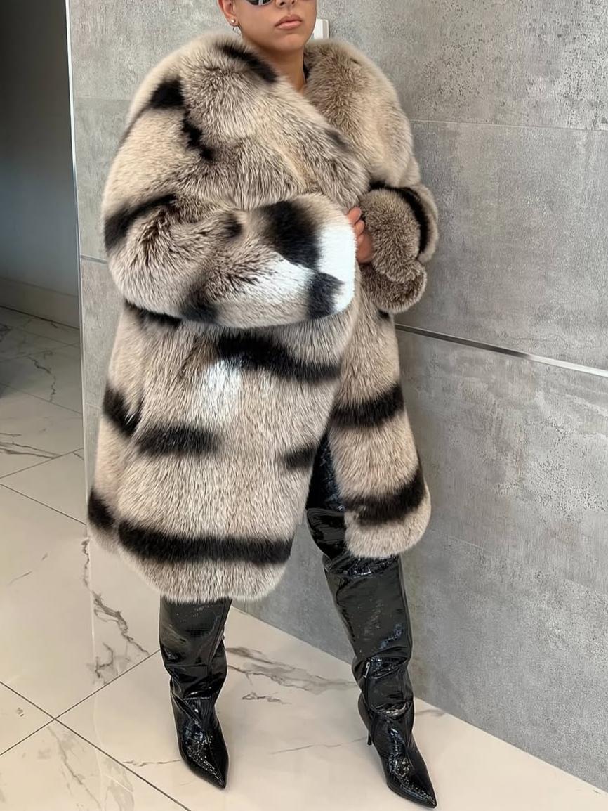 Bold Black & Beige Pattern Mid-Length Fox Fur Coat