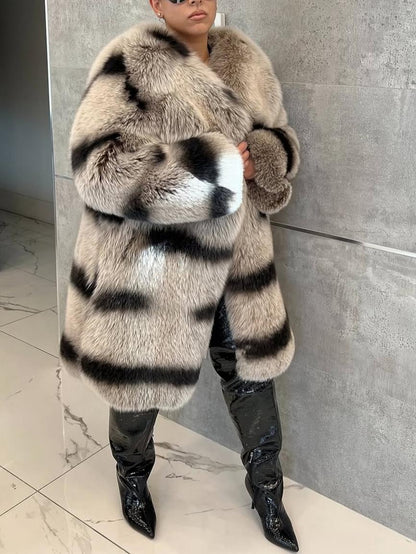 Bold Black & Beige Pattern Mid-Length Fox Fur Coat