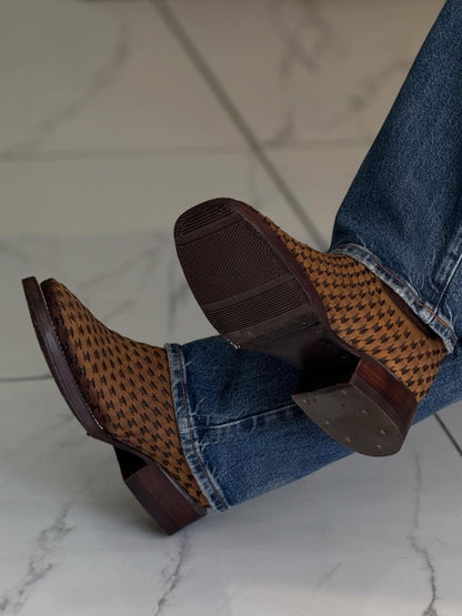 Men's Coffee Two-Tone Woven Leather Chelsea Boots