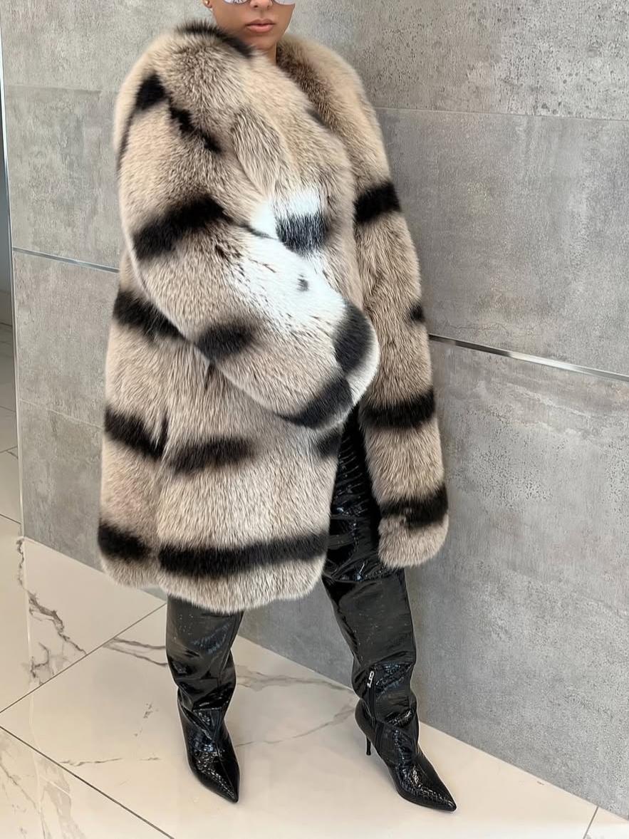 Bold Black & Beige Pattern Mid-Length Fox Fur Coat