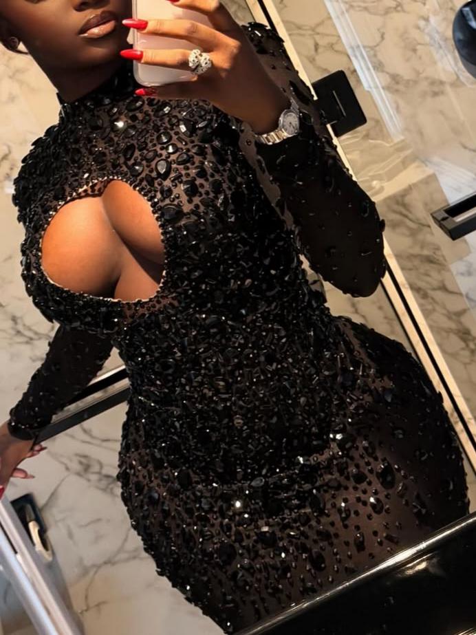 Black Rhinestone Embellished Mesh Cutout Bodycon Gown