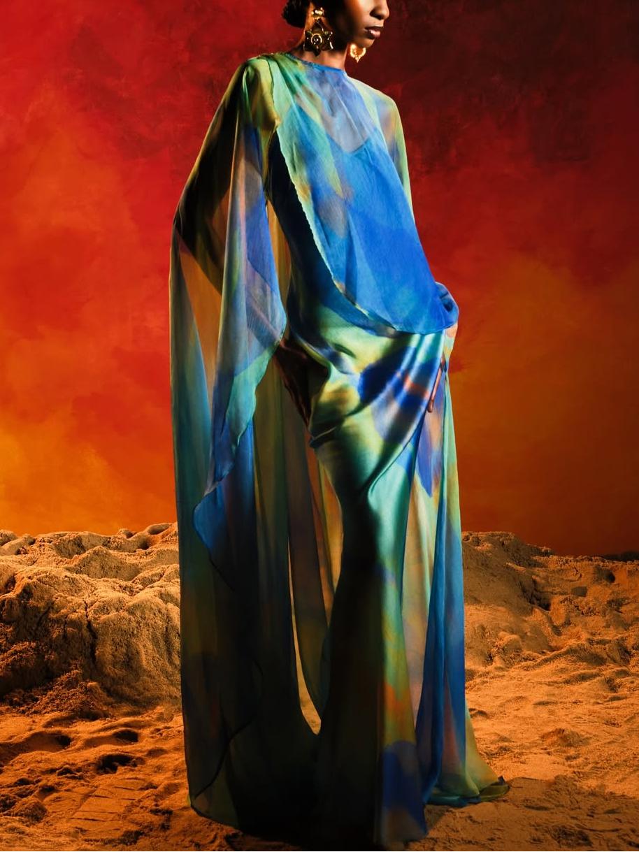 Turquoise Watercolor Print Cape & Slip Dress Two-Piece Formal Set