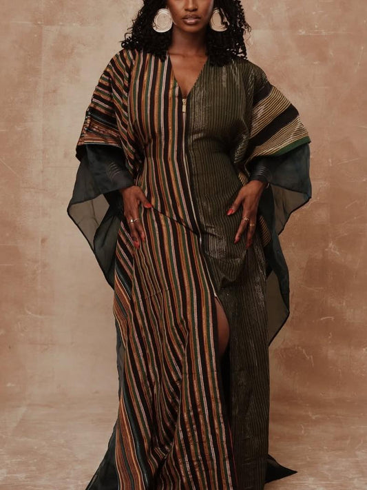 Vintage-Inspired Metallic Striped Cape Kaftan Dress