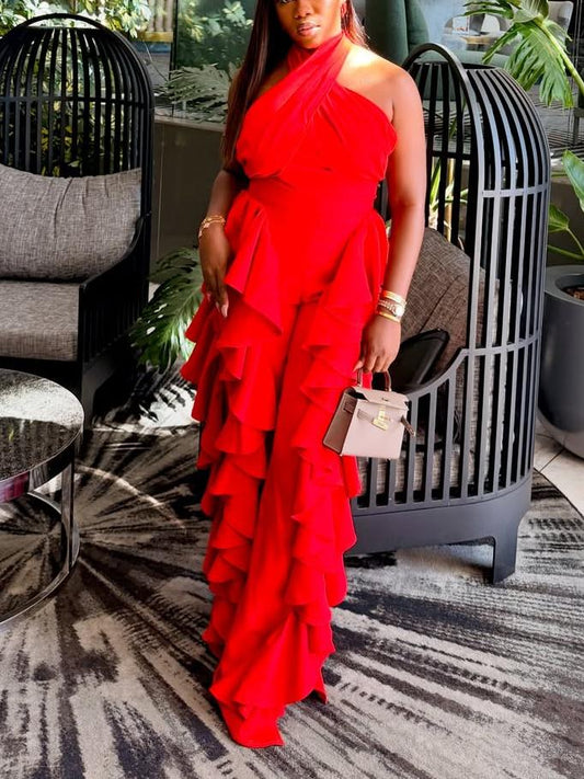Crimson Red Halter Neck Top With Tiered Ruffle Wide-Leg Formal Two-Piece Set