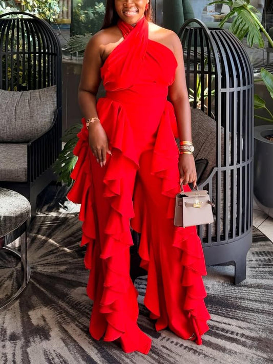 Crimson Red Halter Neck Top With Tiered Ruffle Wide-Leg Formal Two-Piece Set