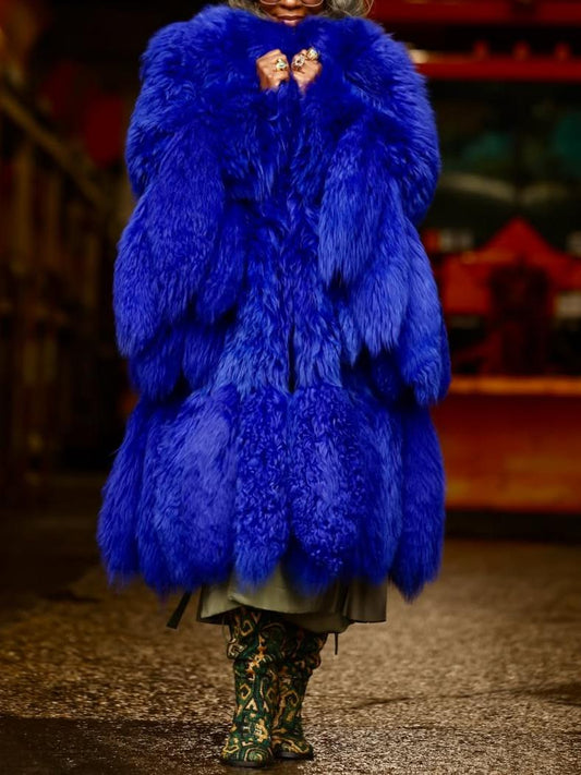 Luxury Royal Blue Fluffy Faux Fur Coat