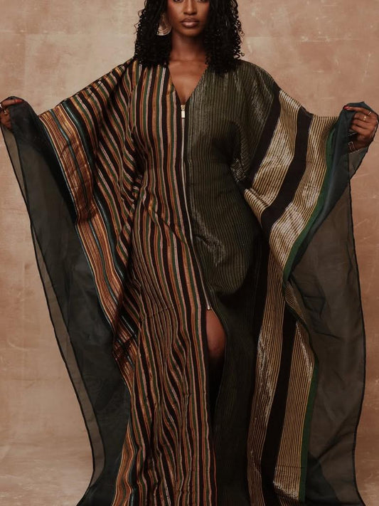 Vintage-Inspired Metallic Striped Cape Kaftan Dress