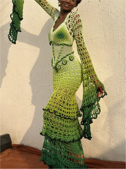 Artisan Crochet Green Ombre Maxi – Dramatic Bell Sleeve Mermaid Dress