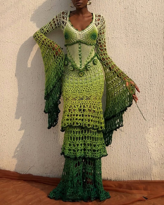 Artisan Crochet Green Ombre Maxi – Dramatic Bell Sleeve Mermaid Dress