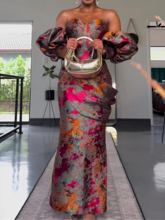 Glamorous Floral Brocade Off-Shoulder Flower-bud Sleeve Maxi Dress