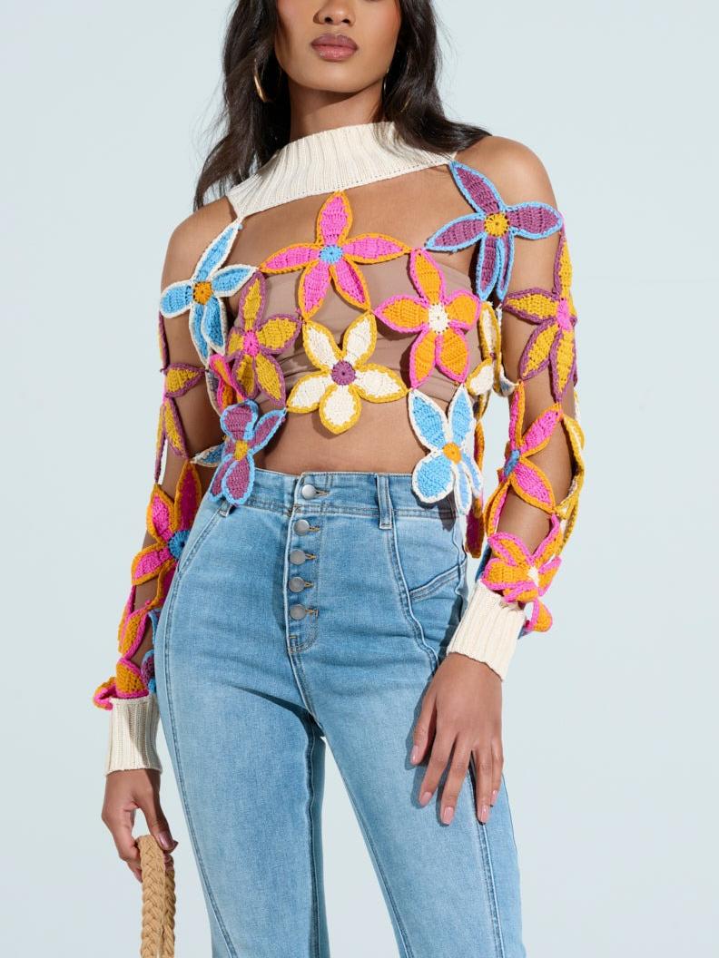 Spring Cutout Floral Mock Neck Sweater