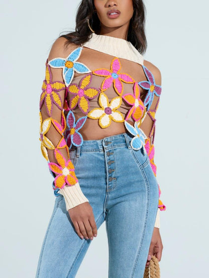 Spring Cutout Floral Mock Neck Sweater