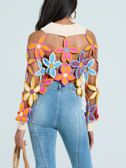 Spring Cutout Floral Mock Neck Sweater