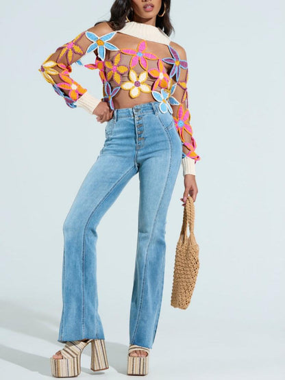 Spring Cutout Floral Mock Neck Sweater