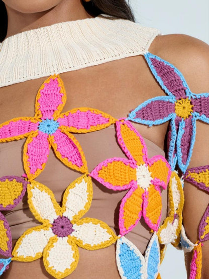 Spring Cutout Floral Mock Neck Sweater