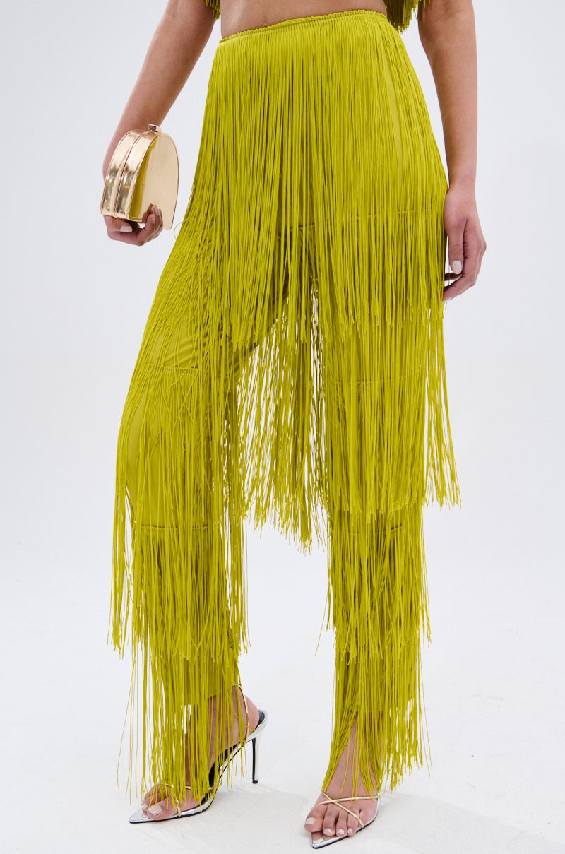 Lime Green Fringe Crop Top & Pants Two-Piece Set