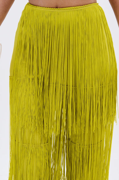 Lime Green Fringe Crop Top & Pants Two-Piece Set