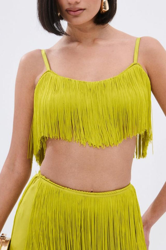 Lime Green Fringe Crop Top & Pants Two-Piece Set