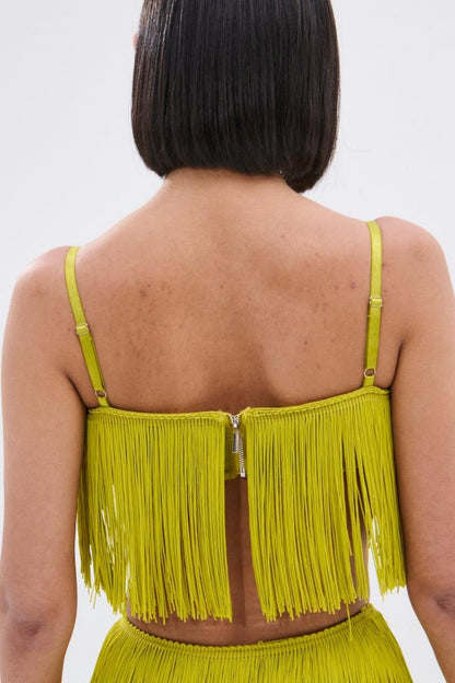 Lime Green Fringe Crop Top & Pants Two-Piece Set
