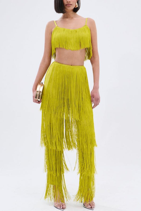 Lime Green Fringe Crop Top & Pants Two-Piece Set