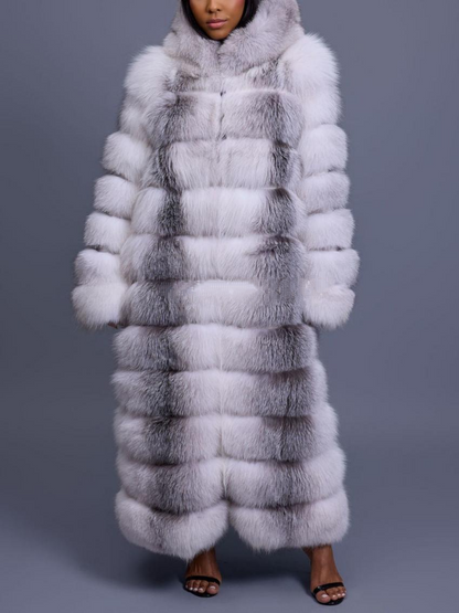 Long Length Fox Fur Trench Coat With Hood
