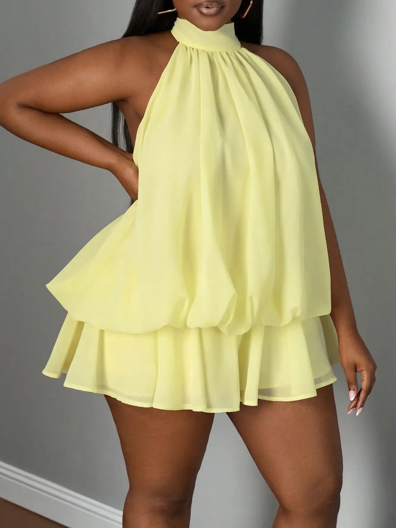 Pastel Yellow Halter Neck Backless Ruffle Mini Dress