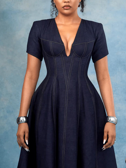 Deep V Neck & Corset Navy Blue Denim Midi Dress