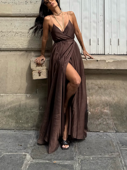 Classy Brown Spaghetti Strap Maxi Dress