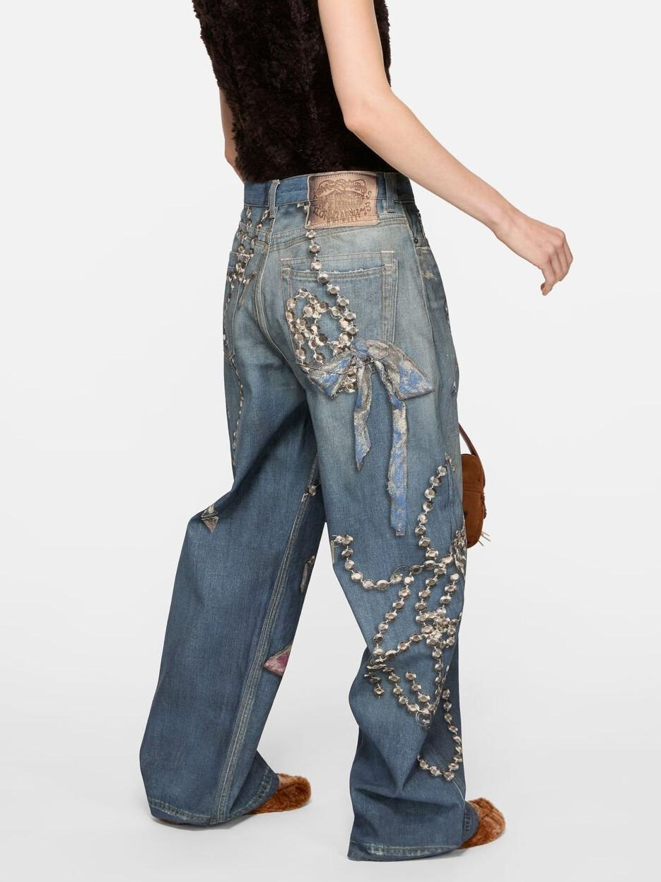Crystal Chain Embellishments Vintage Wash Wide-Leg Denim Jeans