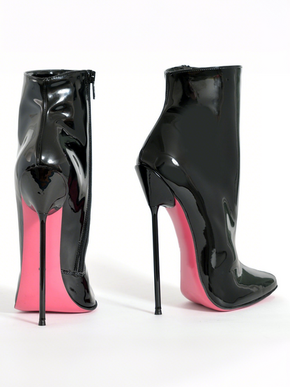 Black Patent Leather Pointed Toe Stiletto Mid-Calf Boots