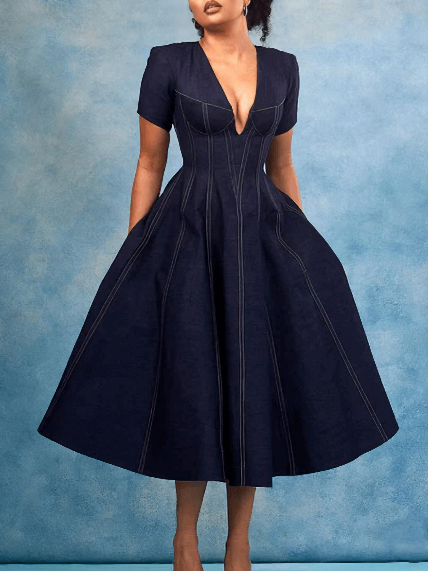 Deep V Neck & Corset Navy Blue Denim Midi Dress